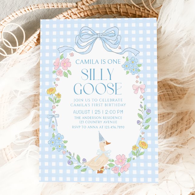 Blue Silly Goose Floral Gingham 1st Birthday Invitation (Creator Uploaded)