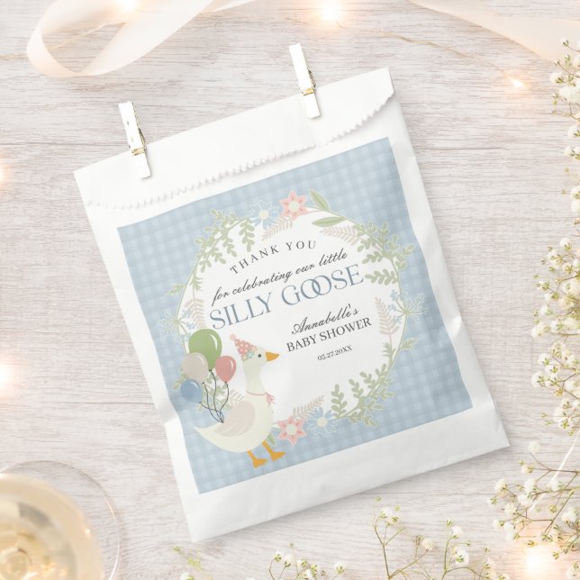 Blue Silly Goose Floral Gingham Baby Shower Favour Bag (Clipped)