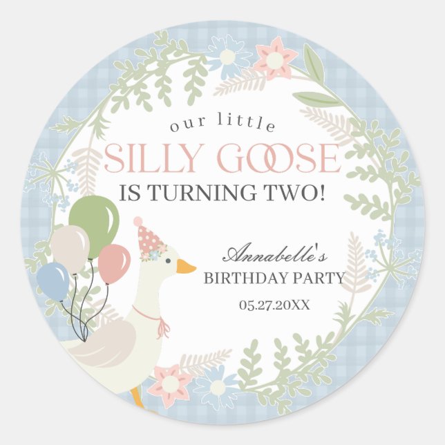 Blue Silly Goose Floral Gingham Baby Shower Favour Classic Round Sticker (Front)