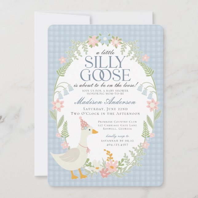 Blue Silly Goose Floral Gingham Baby Shower Invitation (Front)