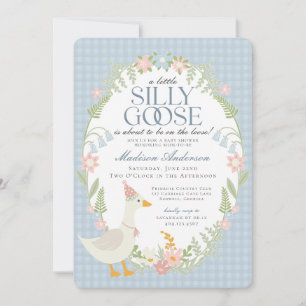 Blue Silly Goose Floral Gingham Baby Shower Invitation