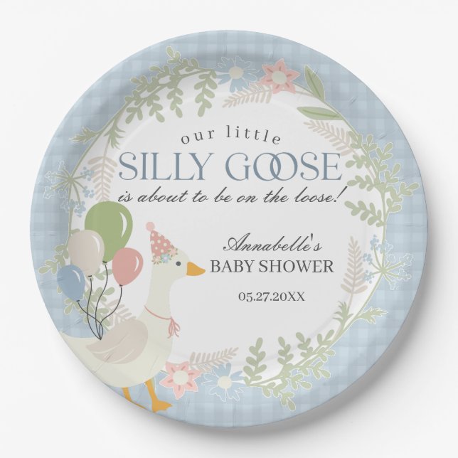 Blue Silly Goose Floral Gingham Baby Shower Paper Plate (Front)