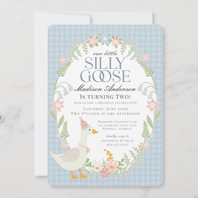 Blue Silly Goose Floral Gingham Birthday Party Invitation (Front)