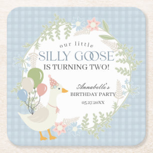 Blue Silly Goose Floral Gingham Birthday Square Paper Coaster