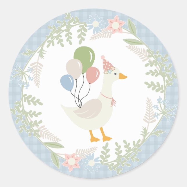 Blue Silly Goose Floral Gingham Favours Classic Round Sticker (Front)