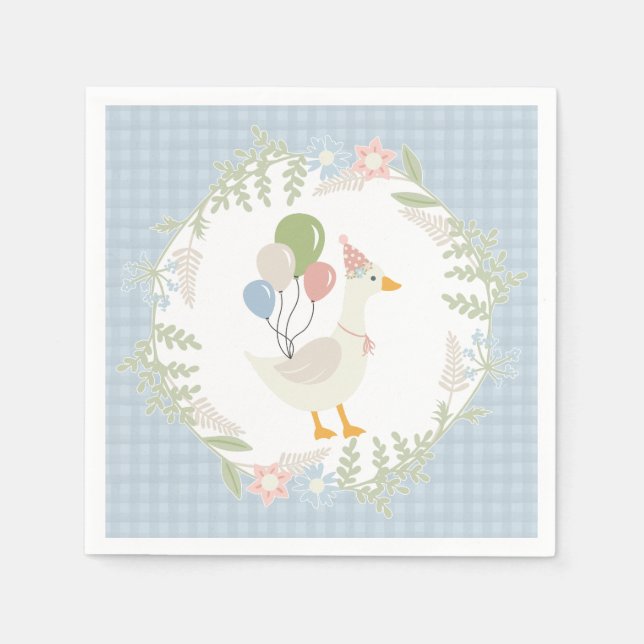 Blue Silly Goose Floral Gingham Paper Napkin (Front)