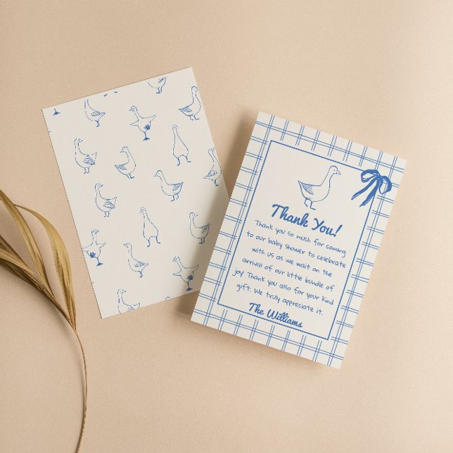 Blue Silly Goose Gingham Ribbon Boy Baby Shower Thank You Card (Creator Uploaded)