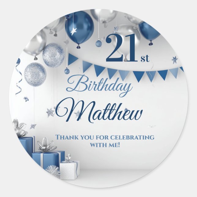 Blue Silver 21st Birthday Classic Round Sticker (Front)