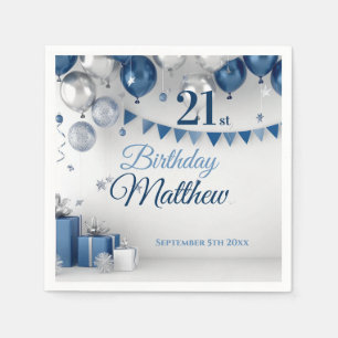 Blue Silver 21st Birthday Napkin