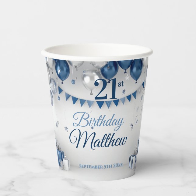 Blue Silver 21st Birthday Paper Cups (Front)