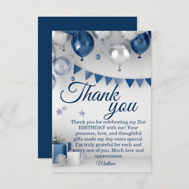 Blue Silver 21st Birthday Thank You Card (Front/Back)