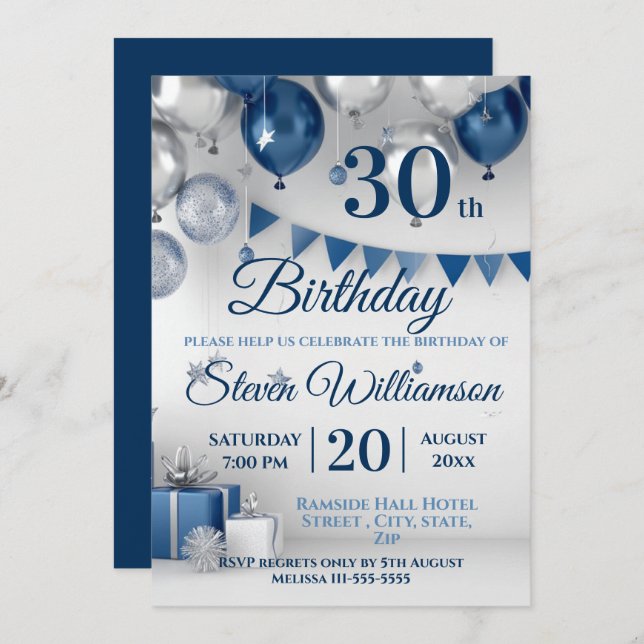Blue Silver 30th Birthday Invitation (Front/Back)