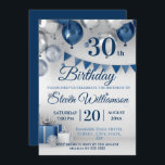 Blue Silver 30th Birthday Invitation<br><div class="desc">A stylish design for a 30th birthday celebration. Features blue and silver balloons and pennant with blue text. All text can be amended as needed</div>