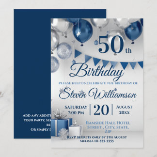 Blue Silver 50th Birthday Invitation