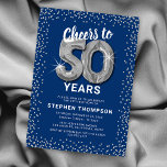 Blue Silver 50th Birthday Invitation<br><div class="desc">Elegant fiftieth birthday party invitation featuring a stylish blue background that can be changed to any colour,  silver sparkly glitter,  fifty silver hellium balloons,  and a modern 50th birthday celebration text template that is easy to personalise.</div>