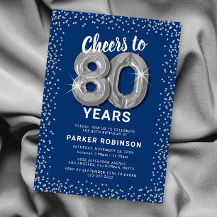 Blue Silver 80th Birthday Invitation