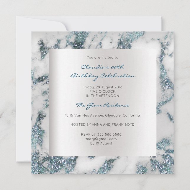 Blue Silver Abstract Marble Grey Birthday Party Invitation (Front)
