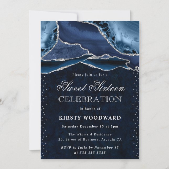 Blue Silver Agate Marble Glam Sweet 16 Invitation (Front)