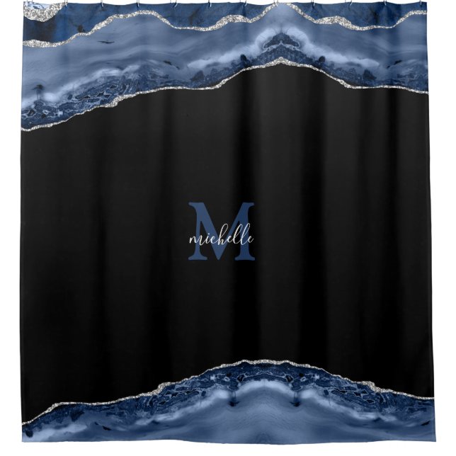 Blue & Silver Agate Personalized Monogram Shower Curtain (Front)
