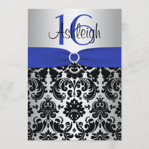 Blue, Silver, and Black Damask Sweet 16 Invitation