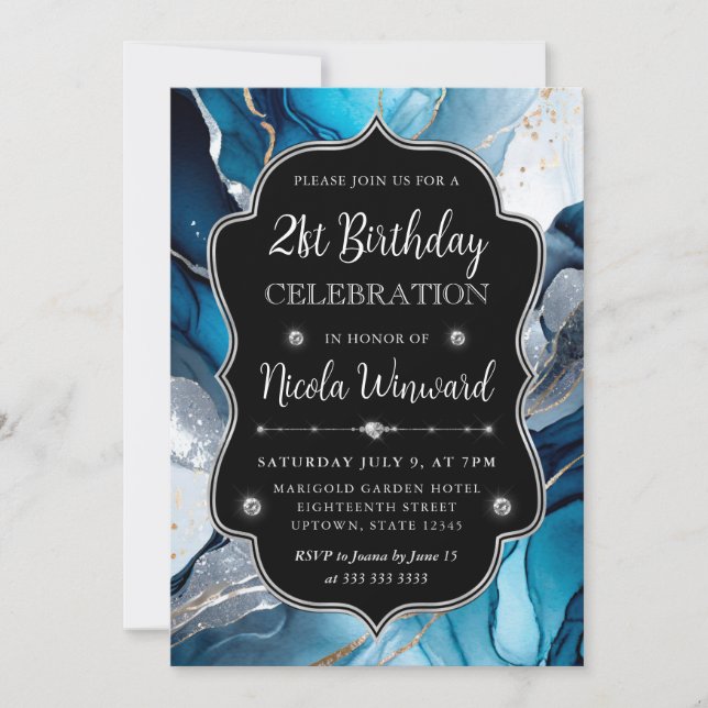 Blue, Silver and Gold Alcohol Ink 21st Birthday Invitation (Front)
