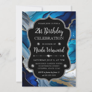 Blue, Silver and Gold Alcohol Ink 21st Birthday Invitation