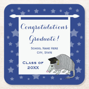 Blue Silver Armadillo Stars Graduation Square Paper Coaster