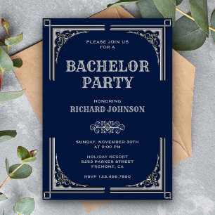 Blue Silver Art Deco Bachelor Party Invitation