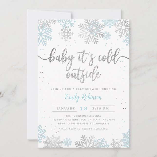 Blue Silver Baby It's Cold Outside Boy Baby Shower Invitation (Front)