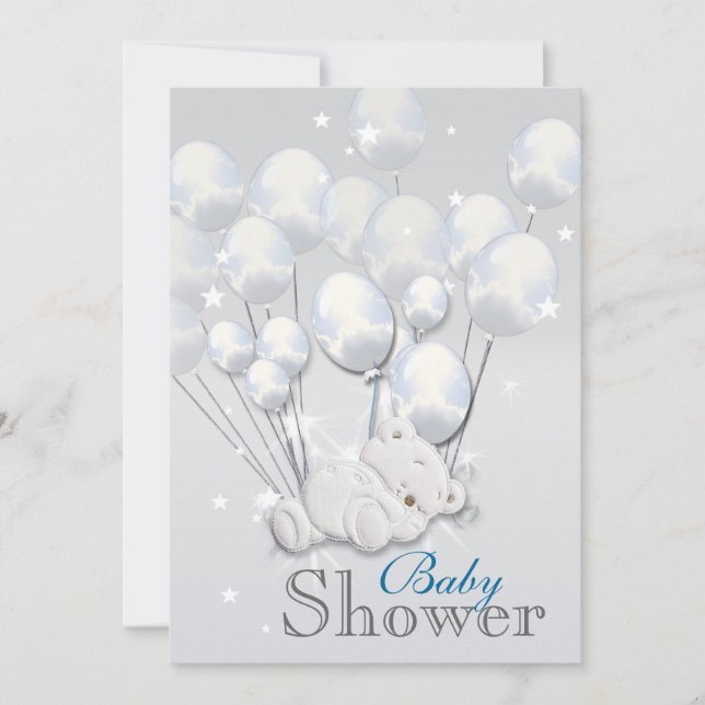 Blue silver baby shower boys invitation (Front)