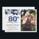 Blue Silver Balloon Glitter Photo 80th Birthday Invitation<br><div class="desc">Modern Glam Navy Blue Silver Grey Balloon Glitter Sparkle Any Age Photo Birthday Invitation</div>