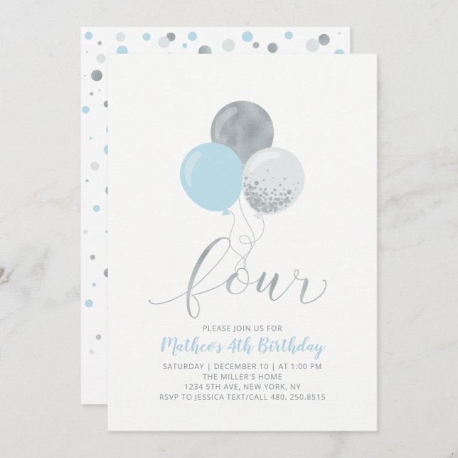 Blue & Silver Balloons Four 4th Boy Birthday Party Invitation (Front/Back)