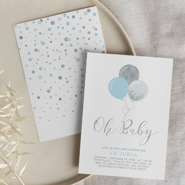 Blue & Silver Balloons | Oh Baby Boy Baby Shower Invitation (Creator Uploaded)
