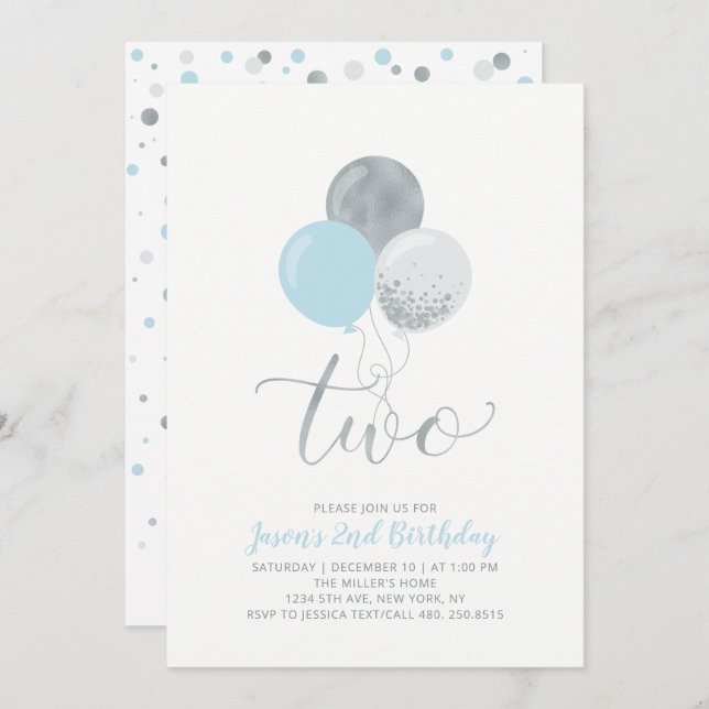 Blue & Silver Balloons | Two 2nd Boy Birthday Invitation (Front/Back)