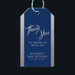 Blue Silver Bar Mitzvah Favour Thank You Gift Tags<br><div class="desc">Classic elegant blue and silver grey Bar Mitzvah Thank You favour gift tags with simple faux silver texture border edges and personalised text throughout with modern and ornate fonts for a unique look. Coordinating items available in the Paper Grape Zazzle Designer Shop Bar Mitzvah Section.</div>