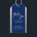 Blue Silver Bar Mitzvah Favour Thank You Gift Tags<br><div class="desc">Classic elegant blue and silver grey Bar Mitzvah Thank You favour gift tags with simple faux silver texture border edges and personalised text throughout with modern and ornate fonts for a unique look. Coordinating items available in the Paper Grape Zazzle Designer Shop Bar Mitzvah Section.</div>