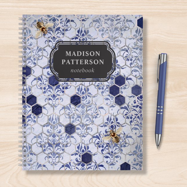 Blue Silver Bee Damask Girly Chic Modern Name Notebook (Creator Uploaded)