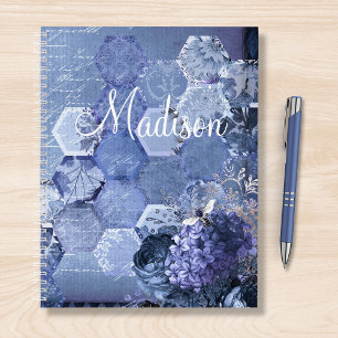 Blue Silver Bee Floral Girly Chic Modern Name Notebook
