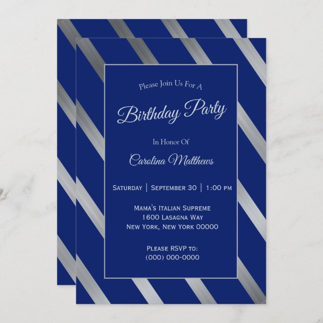 Blue Silver Birthday Invitation (Front/Back)