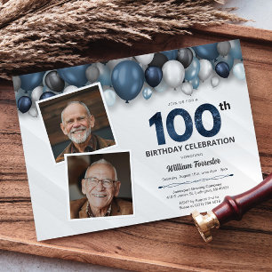 Blue Silver Black & White 100th Birthday 2 Photo Invitation