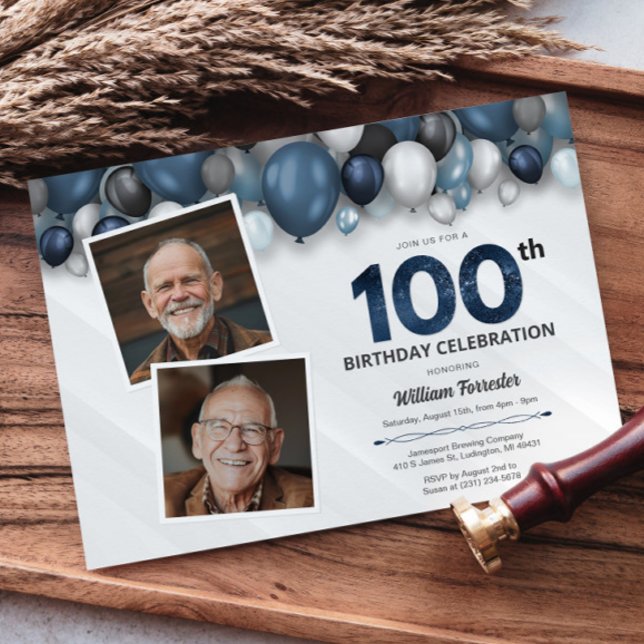 Blue Silver Black & White 100th Birthday 2 Photo Invitation (Blue Silver Black & White 100th Birthday 2 Photo Invitation)
