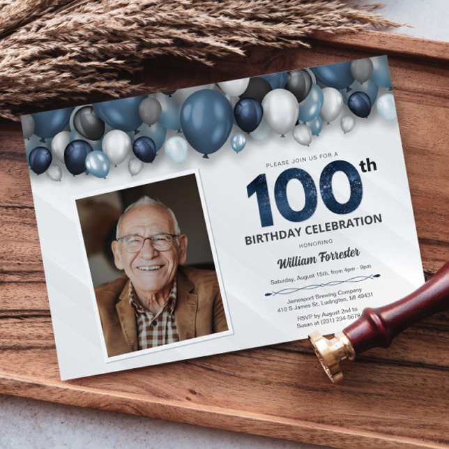 Blue Silver Black & White 100th Birthday Photo Invitation (Blue Silver Black & White 100th Birthday Photo Invitation)