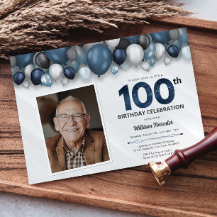 Blue Silver Black & White 100th Birthday Photo Invitation