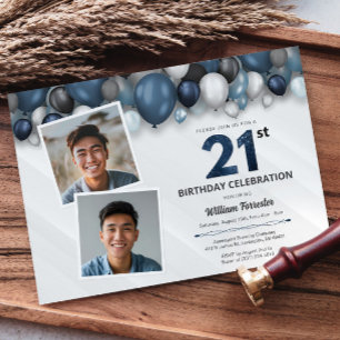 Blue Silver Black & White 21st Birthday 2 Photo Invitation