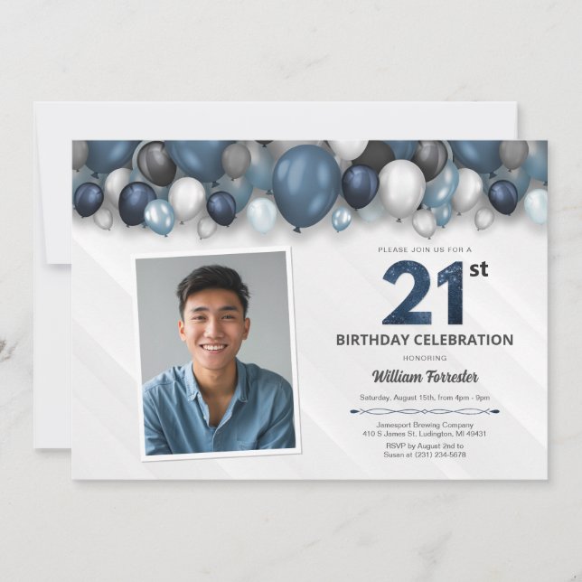 Blue Silver Black & White 21st Birthday Photo Invitation (Front)