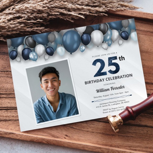 Blue Silver Black & White 25th Birthday Photo Invitation (Blue Silver Black & White 25th Birthday Photo Invitation)