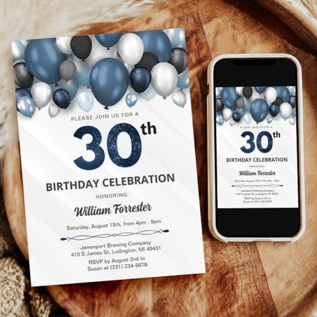 Blue Silver Black & White 30th Birthday Invitation (Blue Silver Black & White 30th Birthday Invitation)
