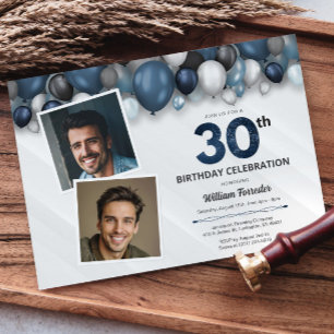 Blue Silver Black & White 30th Birthday Photo Invitation