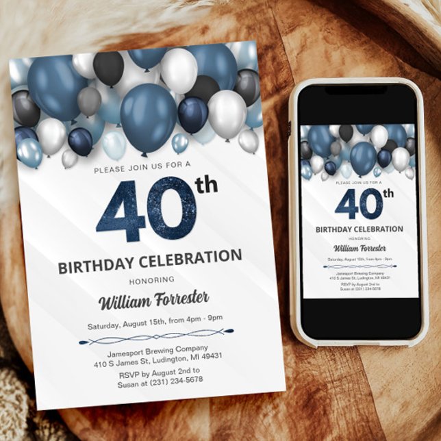 Blue Silver Black & White 40th Birthday Invitation (Blue Silver Black & White 40th Birthday Invitation)