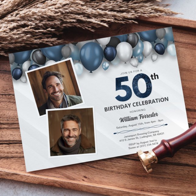 Blue Silver Black & White 50th Birthday 2 Photo Invitation (Blue Silver Black & White 50th Birthday 2 Photo Invitation)